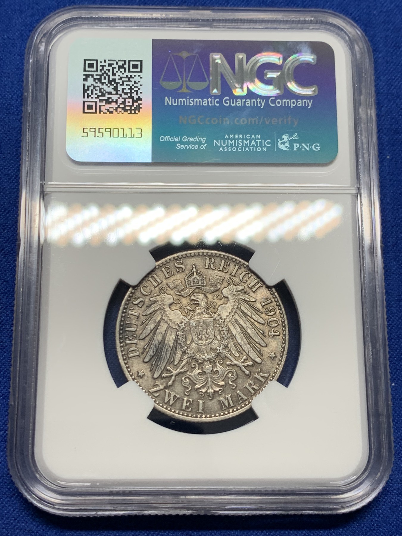 《竞宝斋》第232场-周日，周一 2场 (全场包邮) NGC-MS63 德国不莱梅 1904年 2马克银币 灰黑色包浆 状态不错