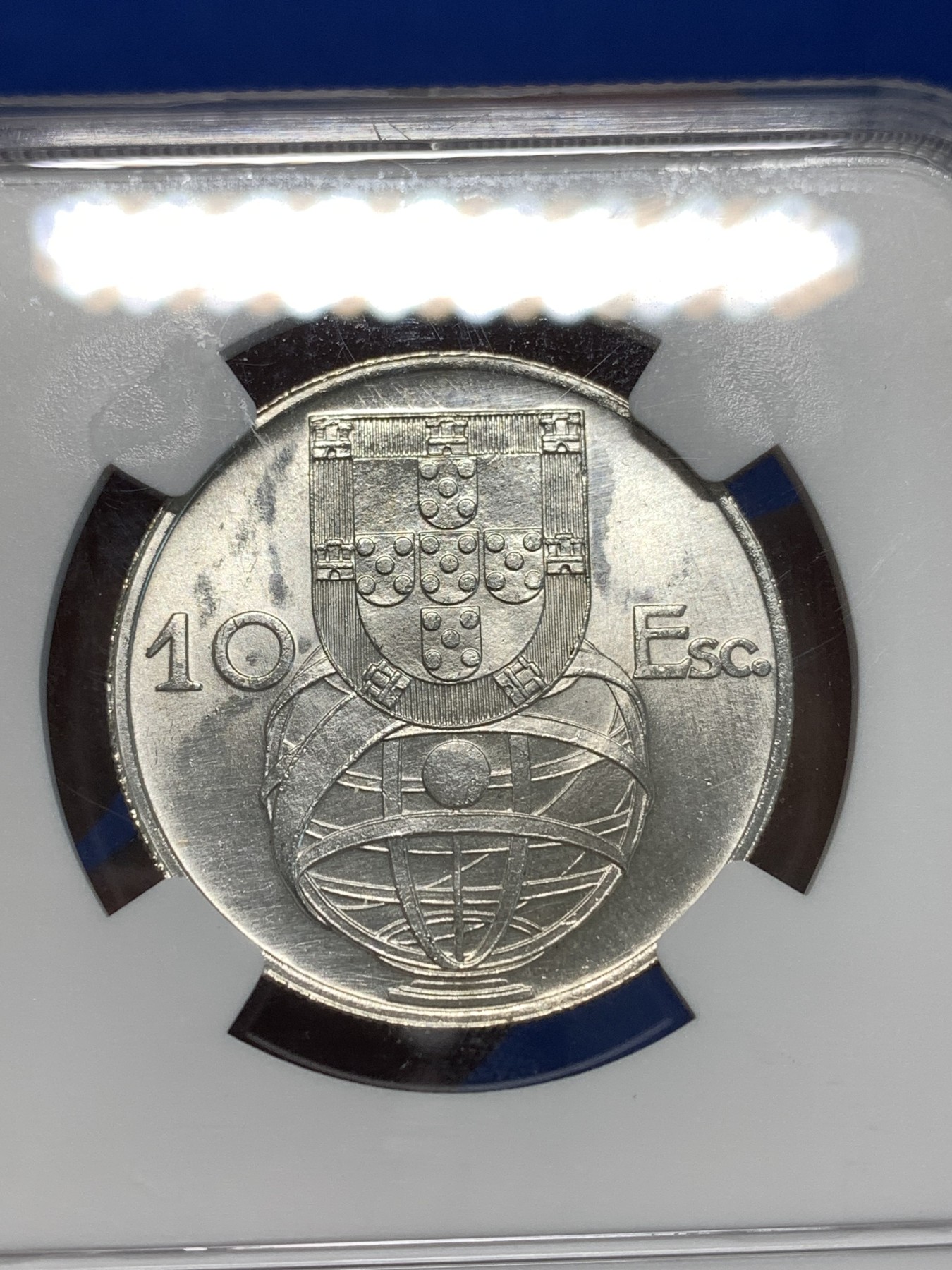 《竞宝斋》第232场-周日，周一 2场 (全场包邮) NGC-UNCD 1954年葡萄牙10E帆船大银币，NGC严评，状态十分精美