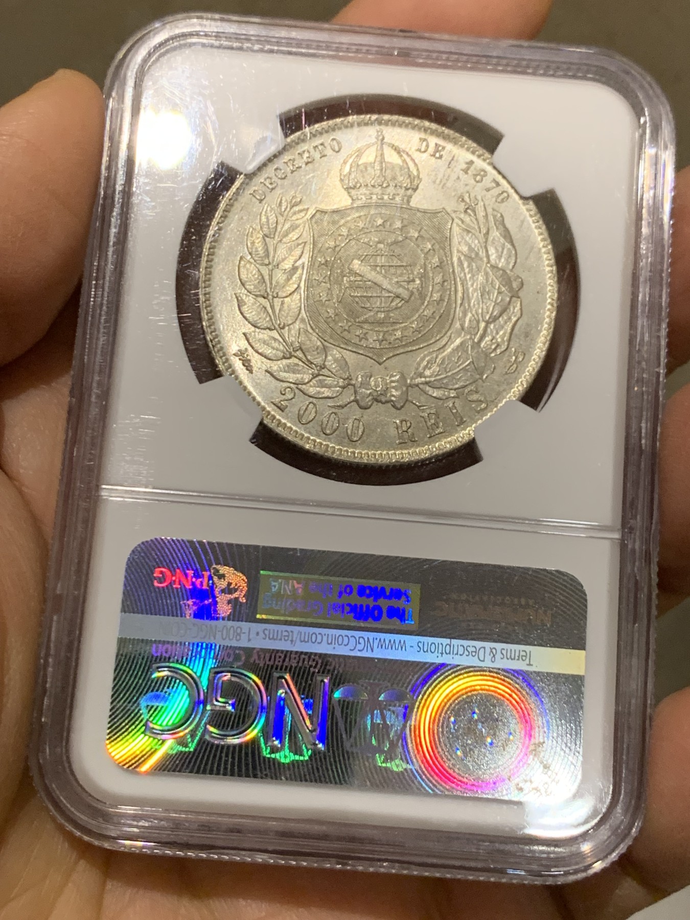 《竞宝斋》第232场-周日，周一 2场 (全场包邮) NGC-MS64 巴西 1888年2000瑞尔 佩德罗二世 大胡子银币 淡黄包浆 MS-64稀有高分一步到位 南美热点品种