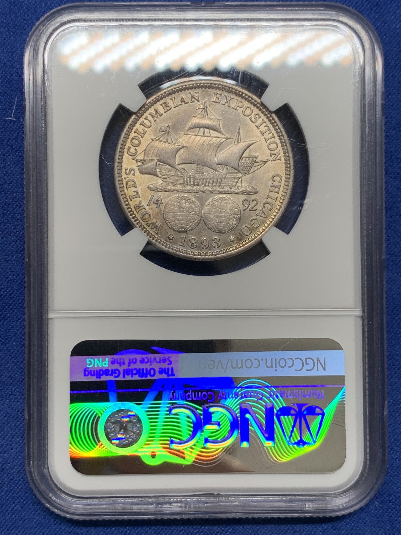 《竞宝斋》第232场-周日，周一 2场 (全场包邮) NGC MS62 美国 1893纪念哥伦布半圆银币，原光状态