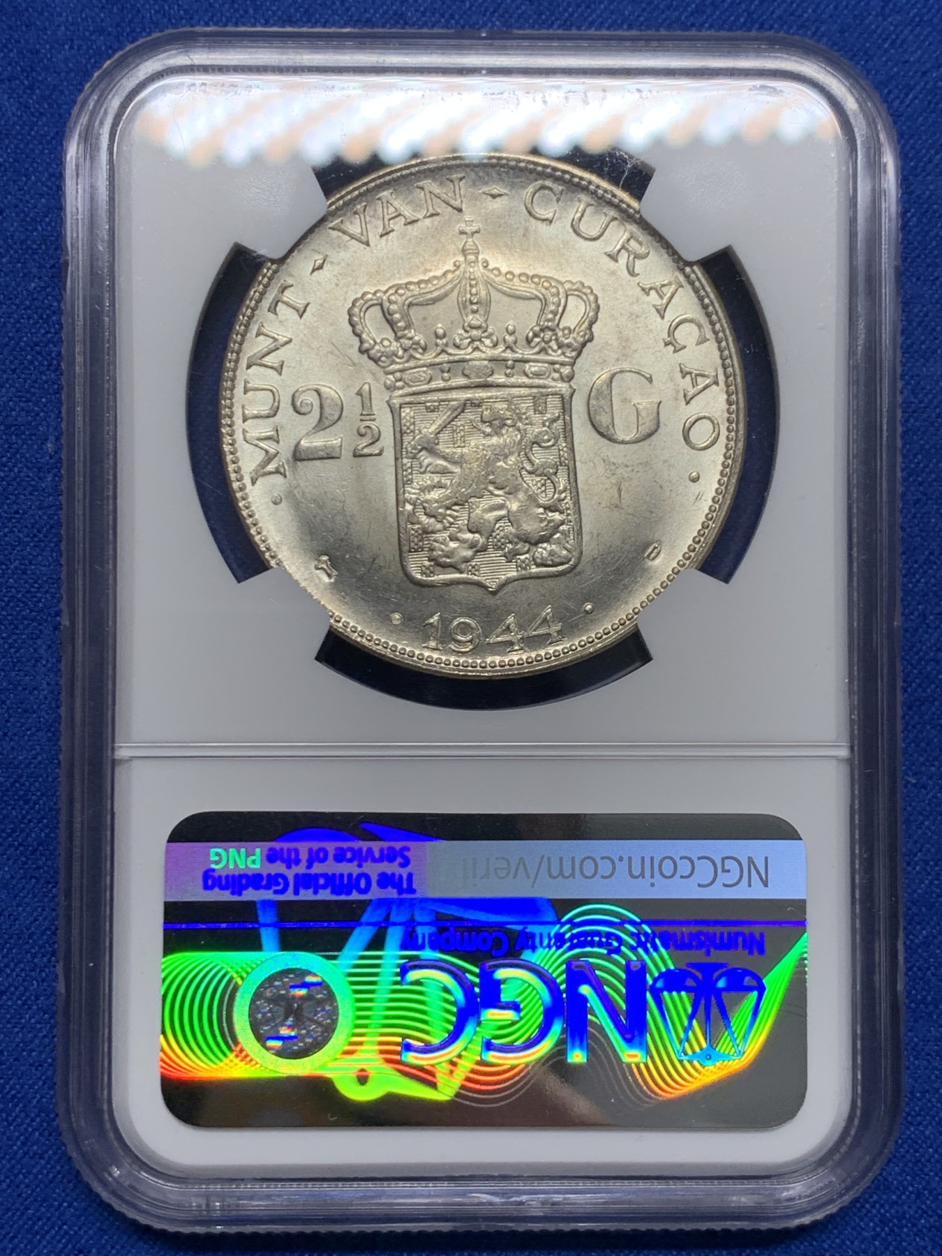 《竞宝斋》第232场-周日，周一 2场 (全场包邮) NGC MS63 荷属库拉索1944D女王威廉明娜2.5盾大银币