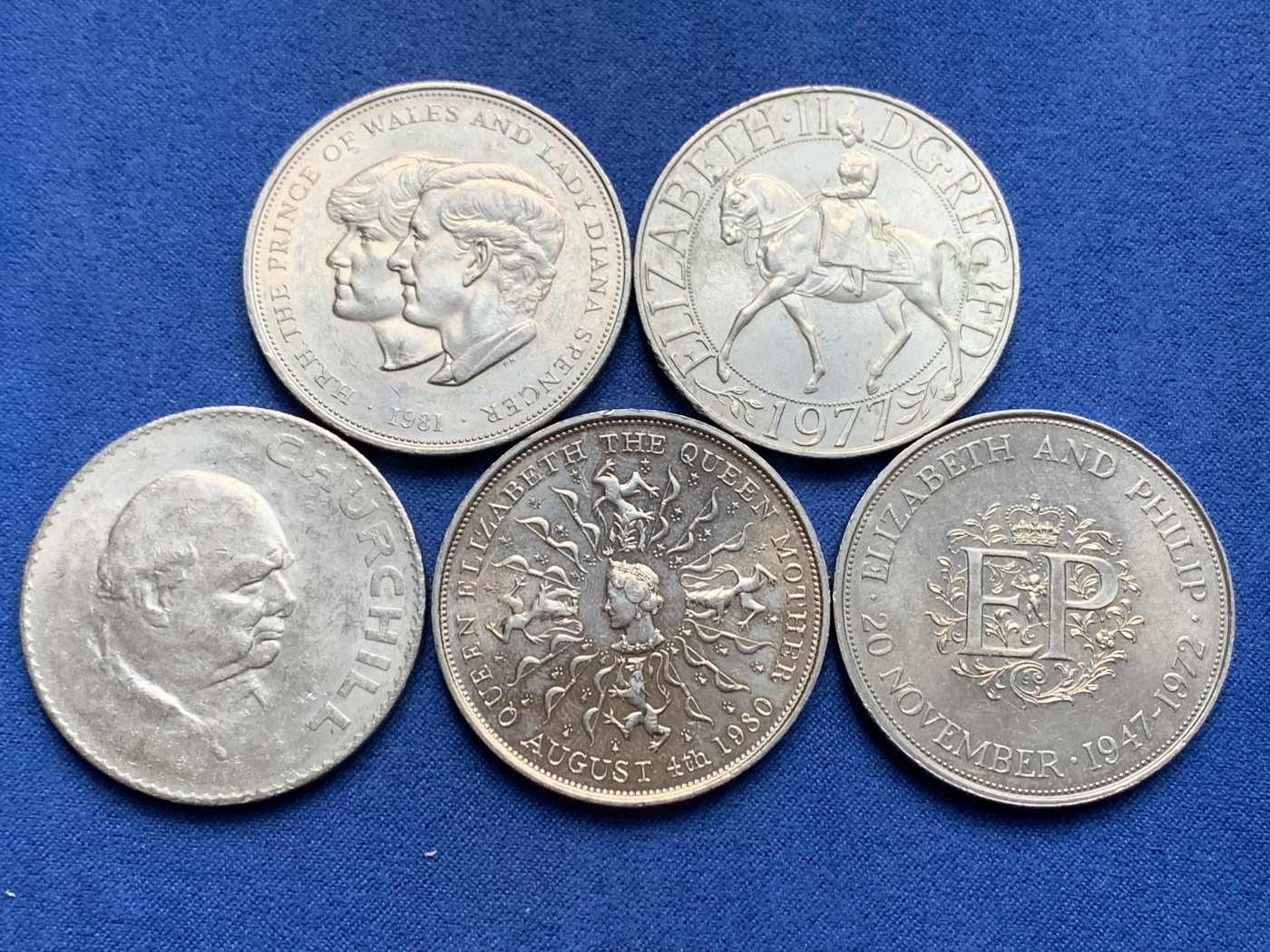 《竞宝斋》第232场-周日，周一 2场 (全场包邮) 5枚一组 英国1965、1972、1977、1980、1981美品一克朗（美品、部分带转光）