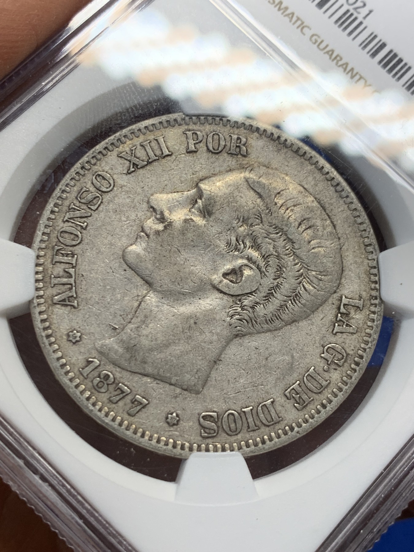 《竞宝斋》第232场-周日，周一 2场 (全场包邮) NGC VF35 西班牙1877年 阿方索十二世 5比塞塔双柱大银币