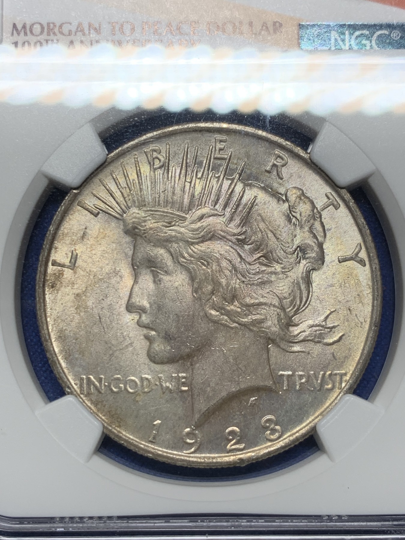 《竞宝斋》第232场-周日，周一 2场 (全场包邮) NGC-MS63 1923年 美国和平银币 淡彩 NGC百年纪念特殊盒子