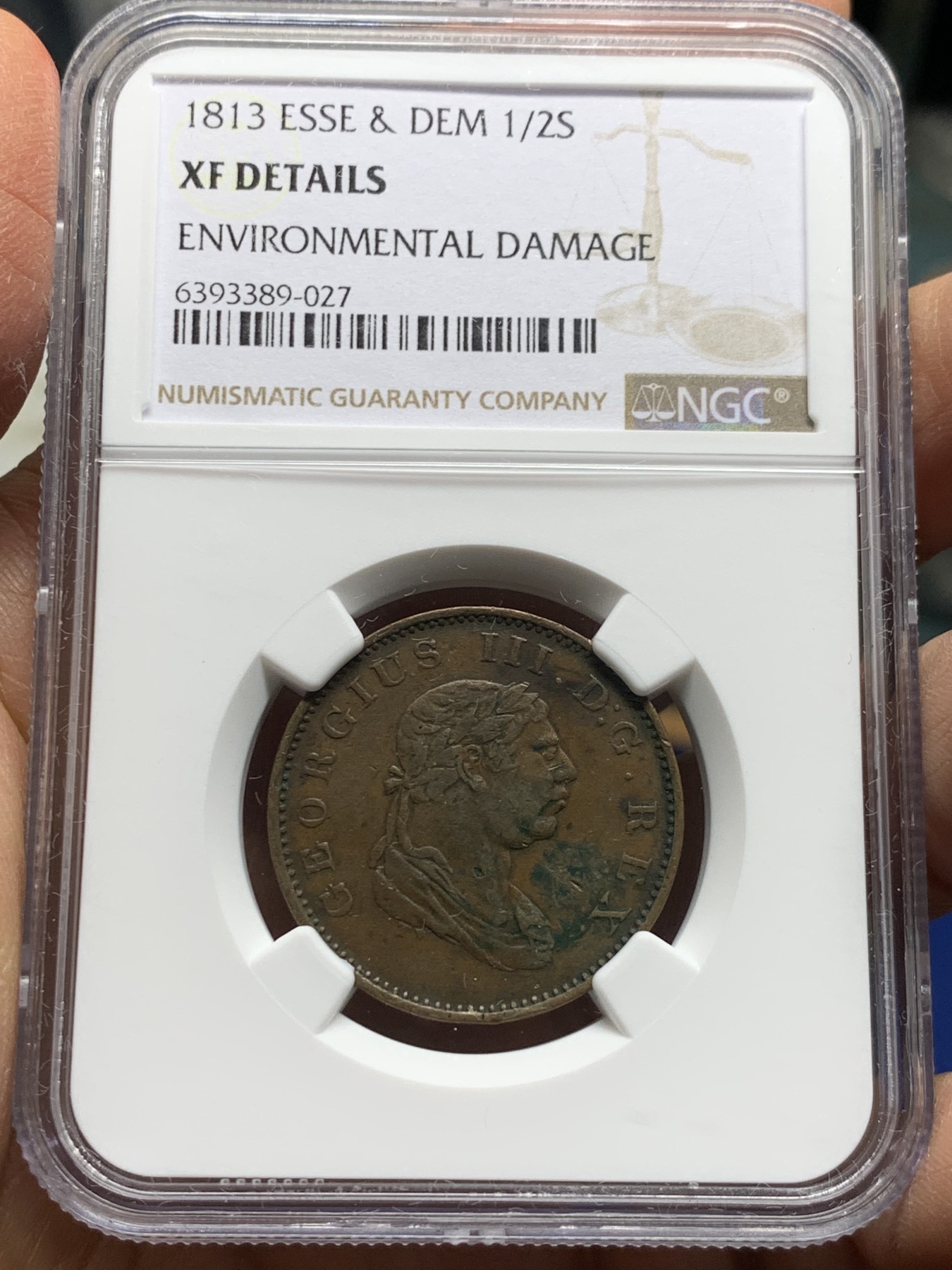 《竞宝斋》第232场-周日，周一 2场 (全场包邮) 两枚一组 NGC XF 1813年英属埃斯奎波&德梅拉拉铜币 半stiver+1stiver