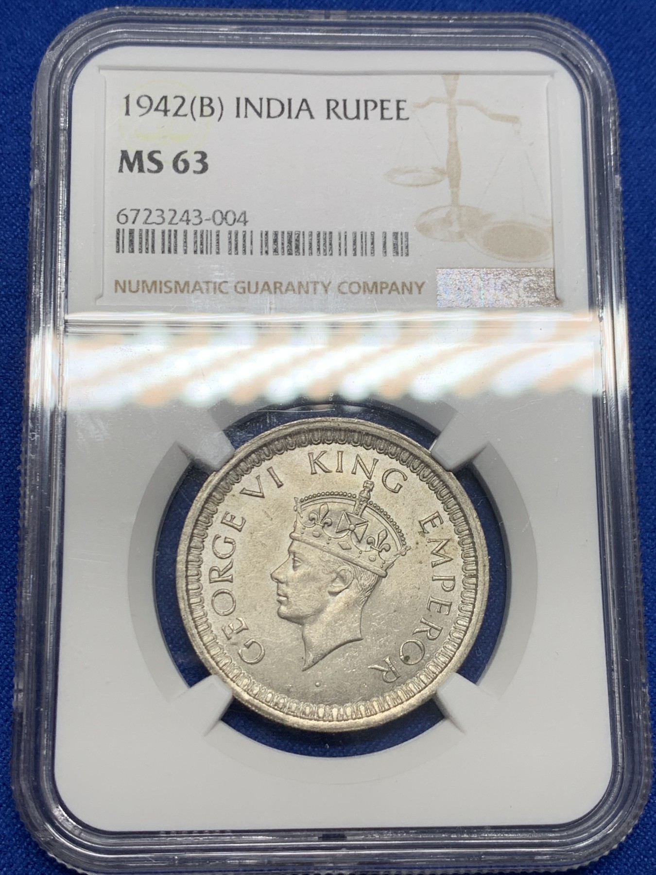 《竞宝斋》第232场-周日，周一 2场 (全场包邮) NGC-MS63 英属印度1942B乔治六世银卢比，霜银转光，花枝细节精美。BU品质，可藏的状态