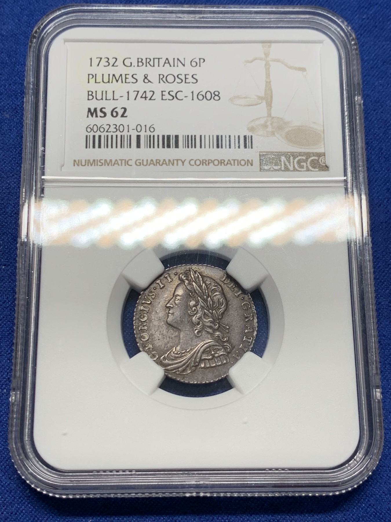 《竞宝斋》第232场-周日，周一 2场 (全场包邮) NGC MS62 英国1732乔治二世6便士银币 原味深包浆