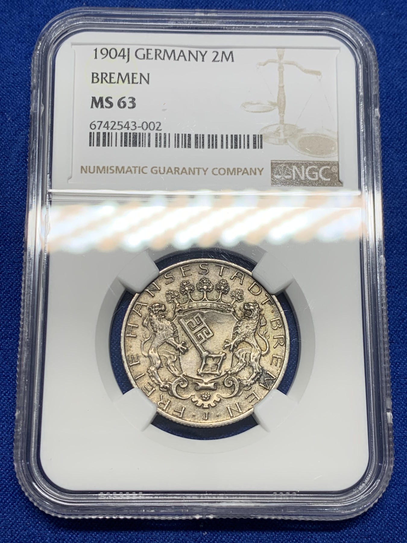 《竞宝斋》第232场-周日，周一 2场 (全场包邮) NGC-MS63 德国不莱梅 1904年 2马克银币 灰黑色包浆 状态不错