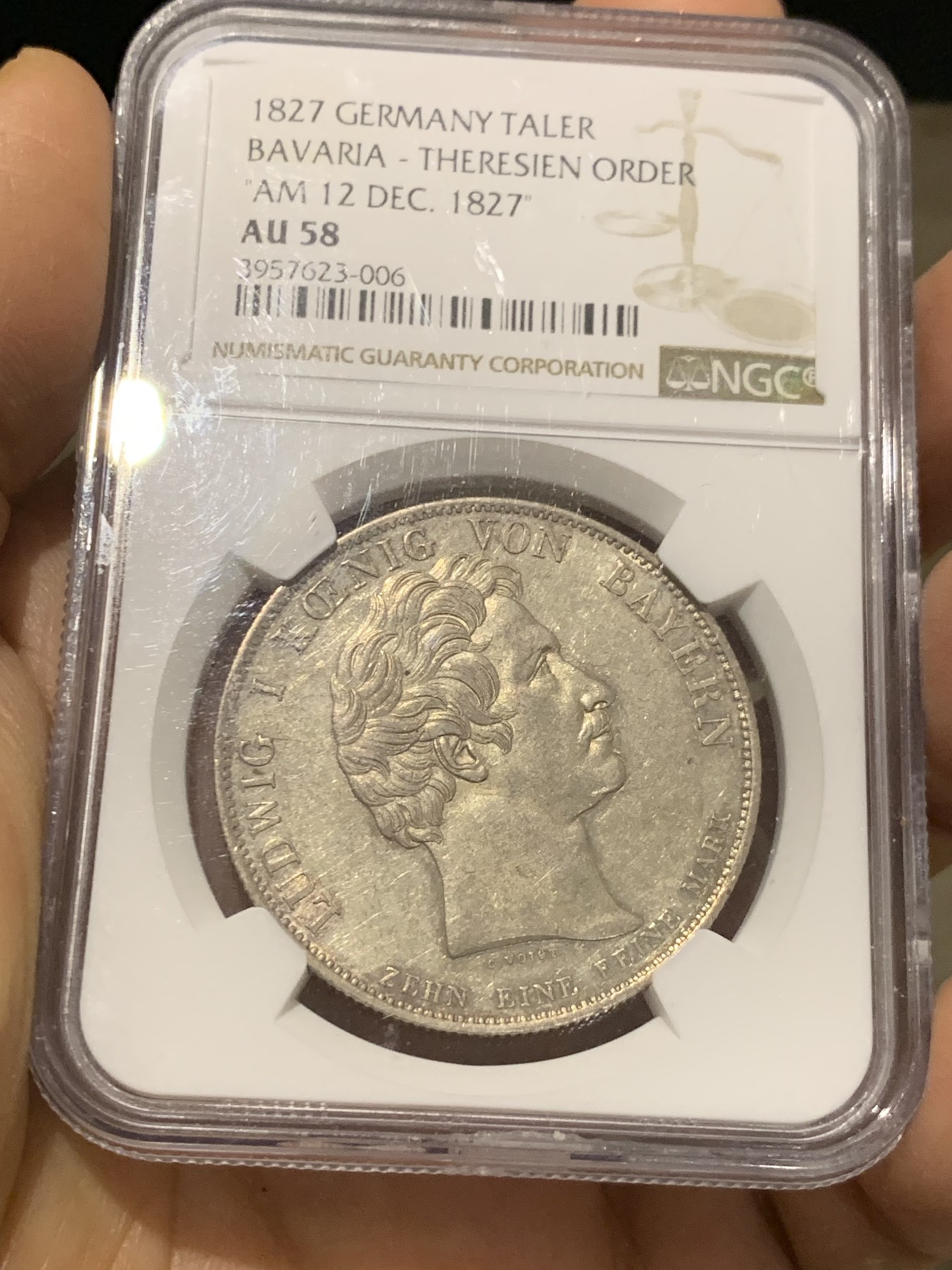 《竞宝斋》第232场-周日，周一 2场 (全场包邮) NGC AU58 德国 1827 巴伐利亚 路德维希一世 特蕾莎勋章创立 泰勒大银币 极少品种