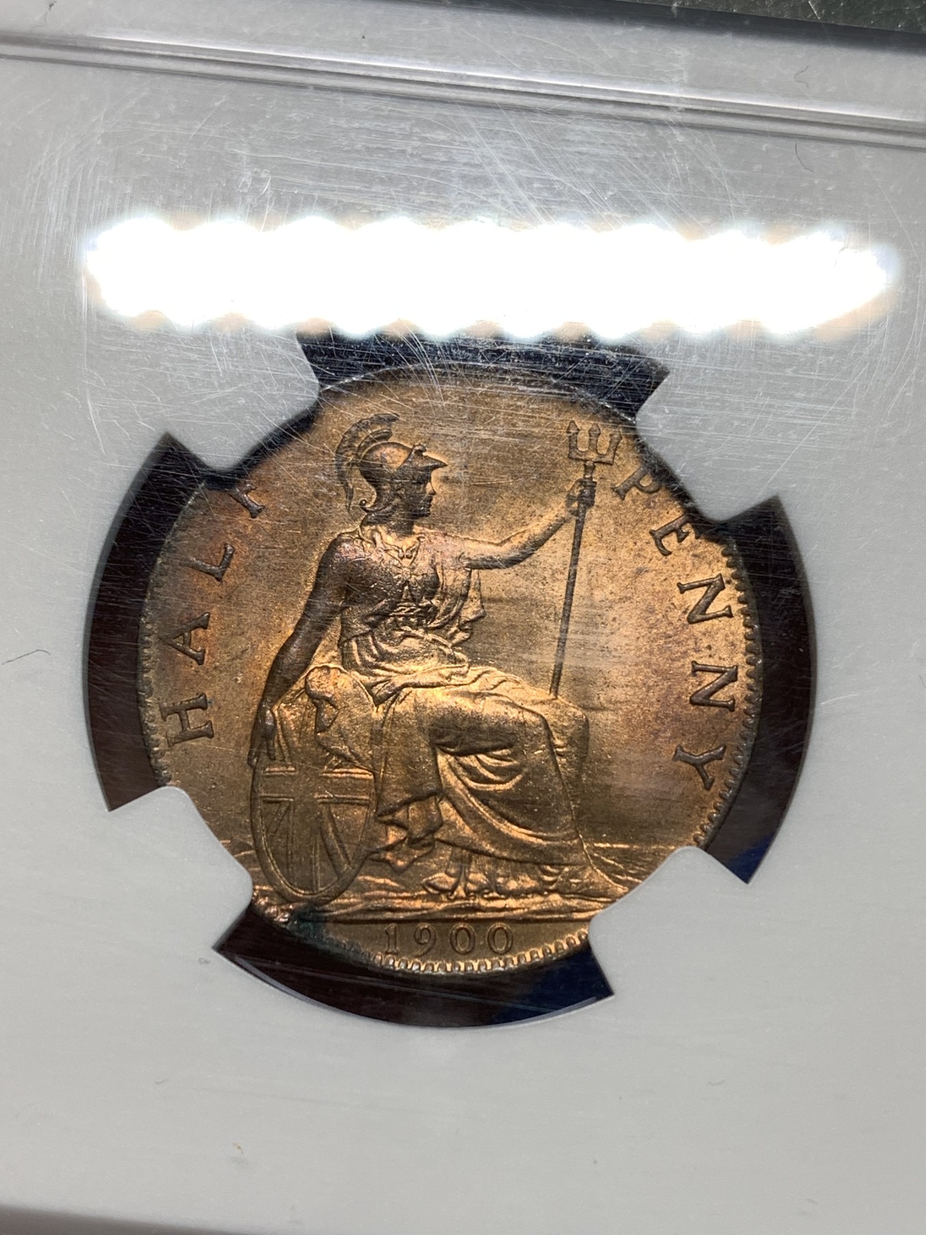 《竞宝斋》第232场-周日，周一 2场 (全场包邮) NGC-MS64RD 英国1900年维多利亚女王披纱1/2便士，高分RD十分难得，铜光闪闪恍如金币