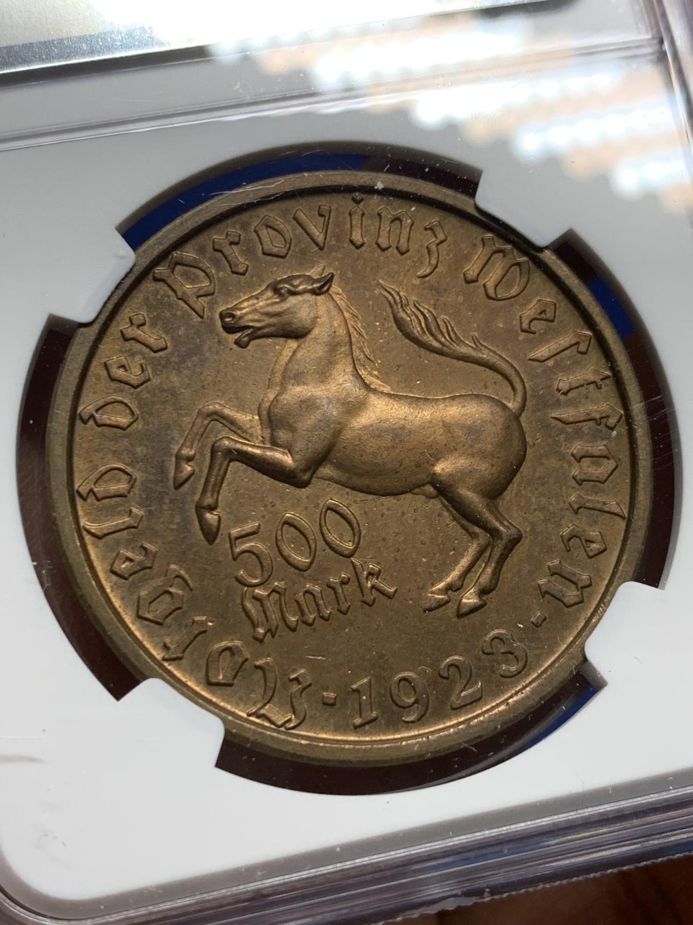 《竞宝斋》第232场-周日，周一 2场 (全场包邮) NGC MS63BN 德国威斯特伐利亚1923年500马克大马币铜币