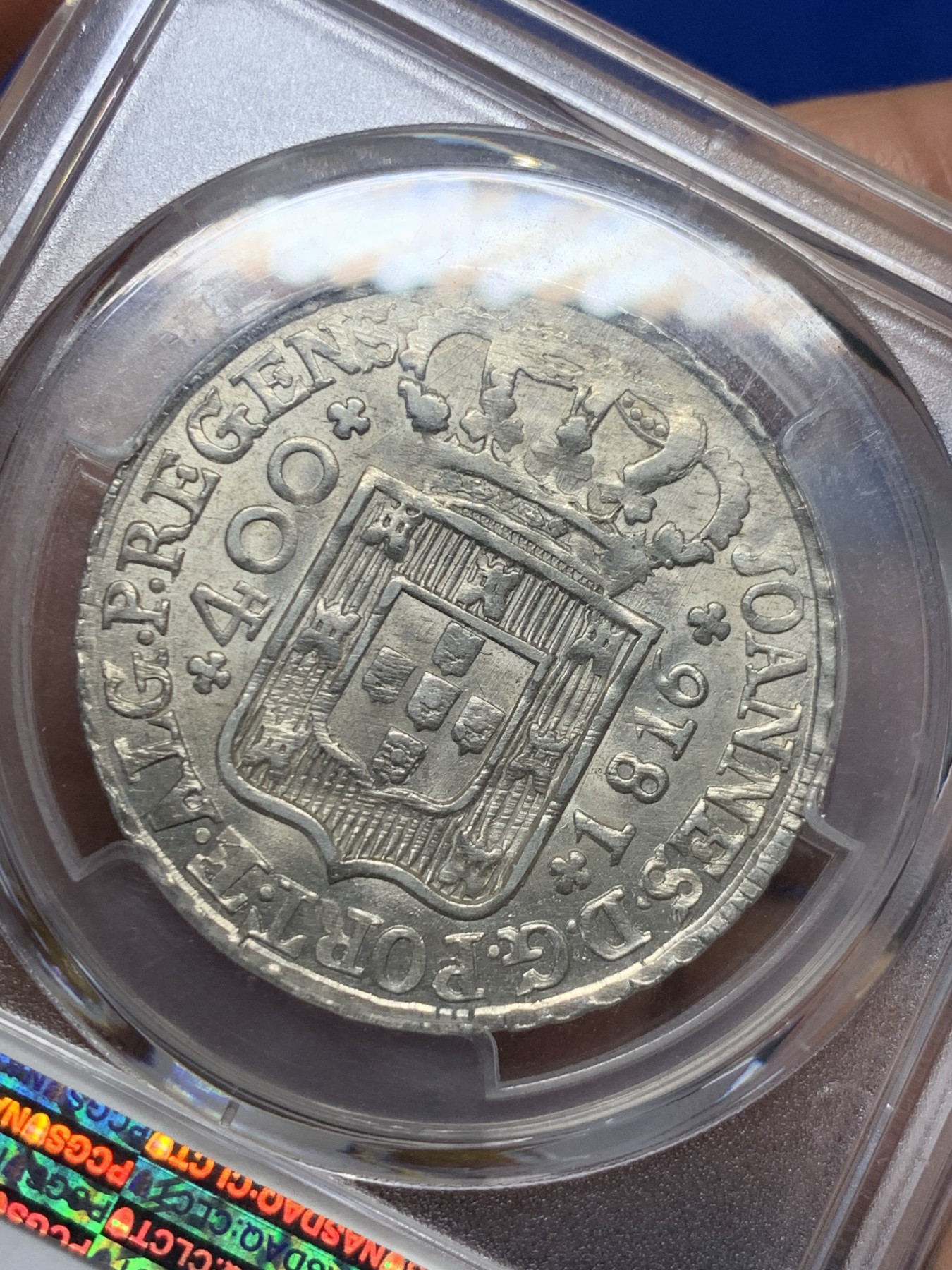 《竞宝斋》第232场-周日，周一 2场 (全场包邮) PCGS-MS61 葡萄牙 1816年 葡萄牙本土十字400R银币 。早期原光内齿深打.十字星大银币.名誉品.原转光 高分稀少。in hoc signorinces 直译:凭此标记.汝将获胜.圣殿骑士团.