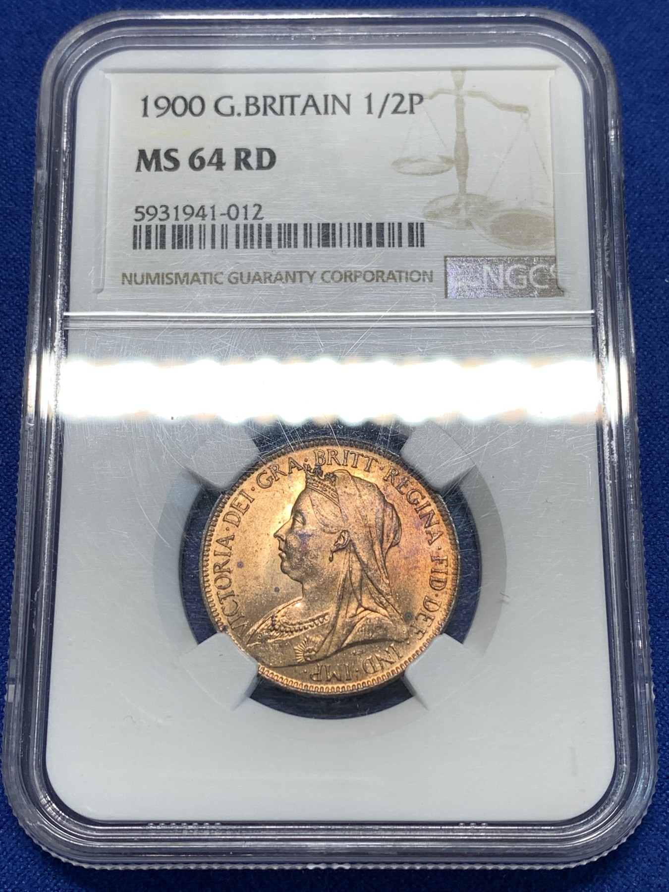 《竞宝斋》第232场-周日，周一 2场 (全场包邮) NGC-MS64RD 英国1900年维多利亚女王披纱1/2便士，高分RD十分难得，铜光闪闪恍如金币