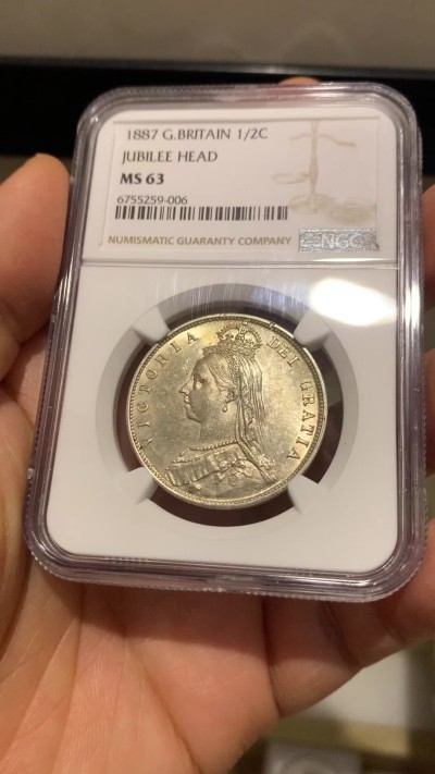 《竞宝斋》第232场-周日，周一 2场 (全场包邮) NGC MS63 英国1887年维多利亚1/2克朗银币 状态不错