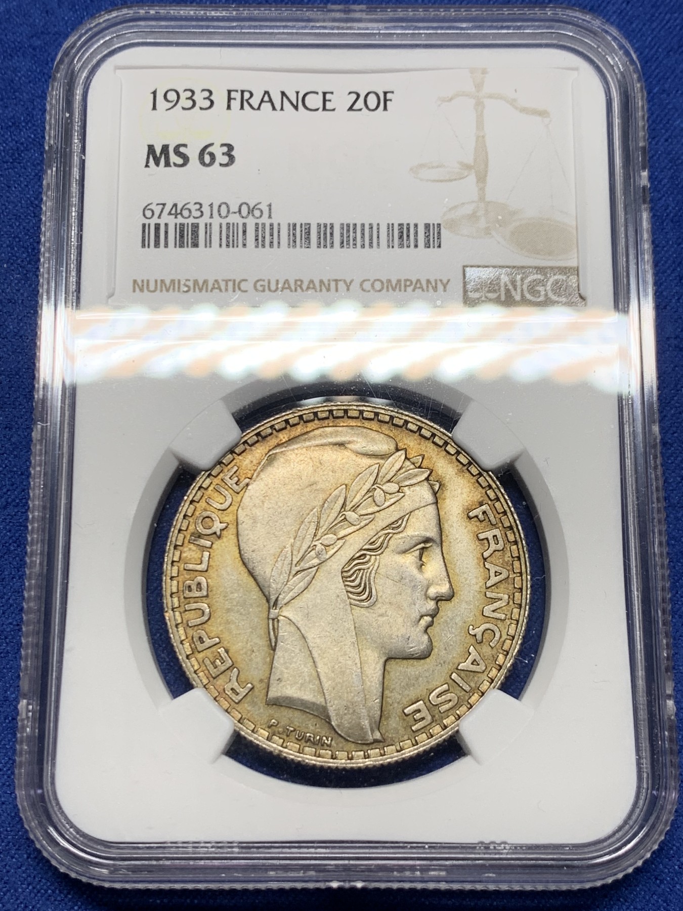 《竞宝斋》第232场-周日，周一 2场 (全场包邮) NGC MS63 法国1933年桂冠女神20法郎银币