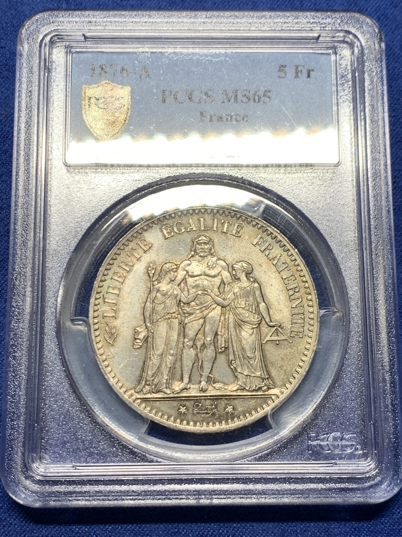 《竞宝斋》第232场-周日，周一 2场 (全场包邮) PCGS MS65 法国1876-A大力神5法郎银币 双面五彩 十字光