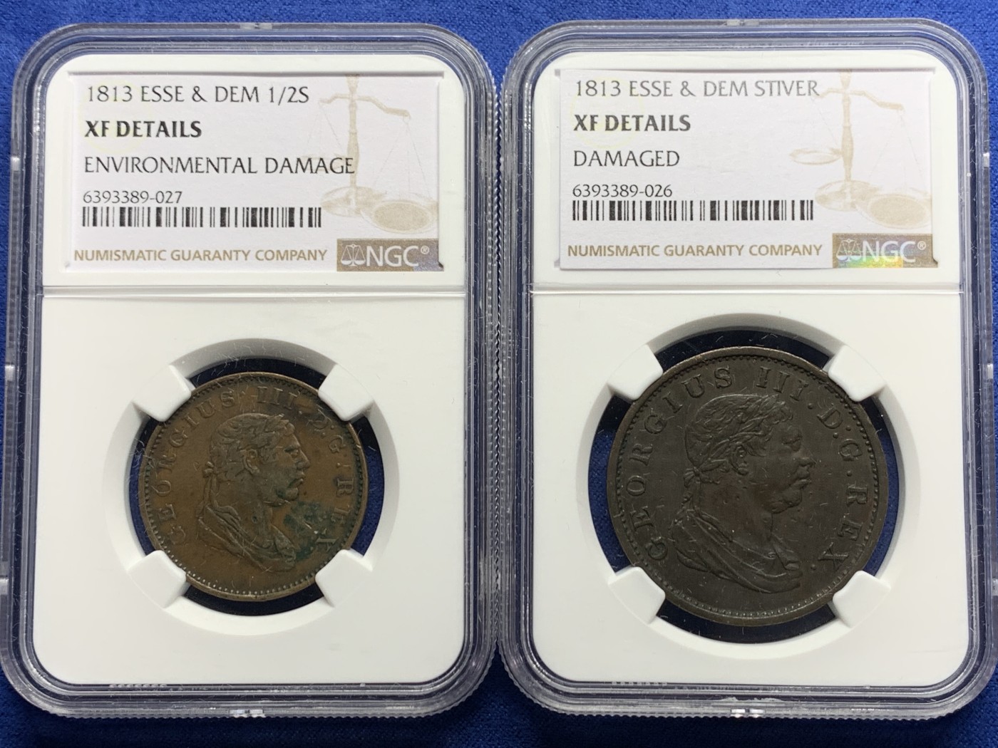《竞宝斋》第232场-周日，周一 2场 (全场包邮) 两枚一组 NGC XF 1813年英属埃斯奎波&德梅拉拉铜币 半stiver+1stiver