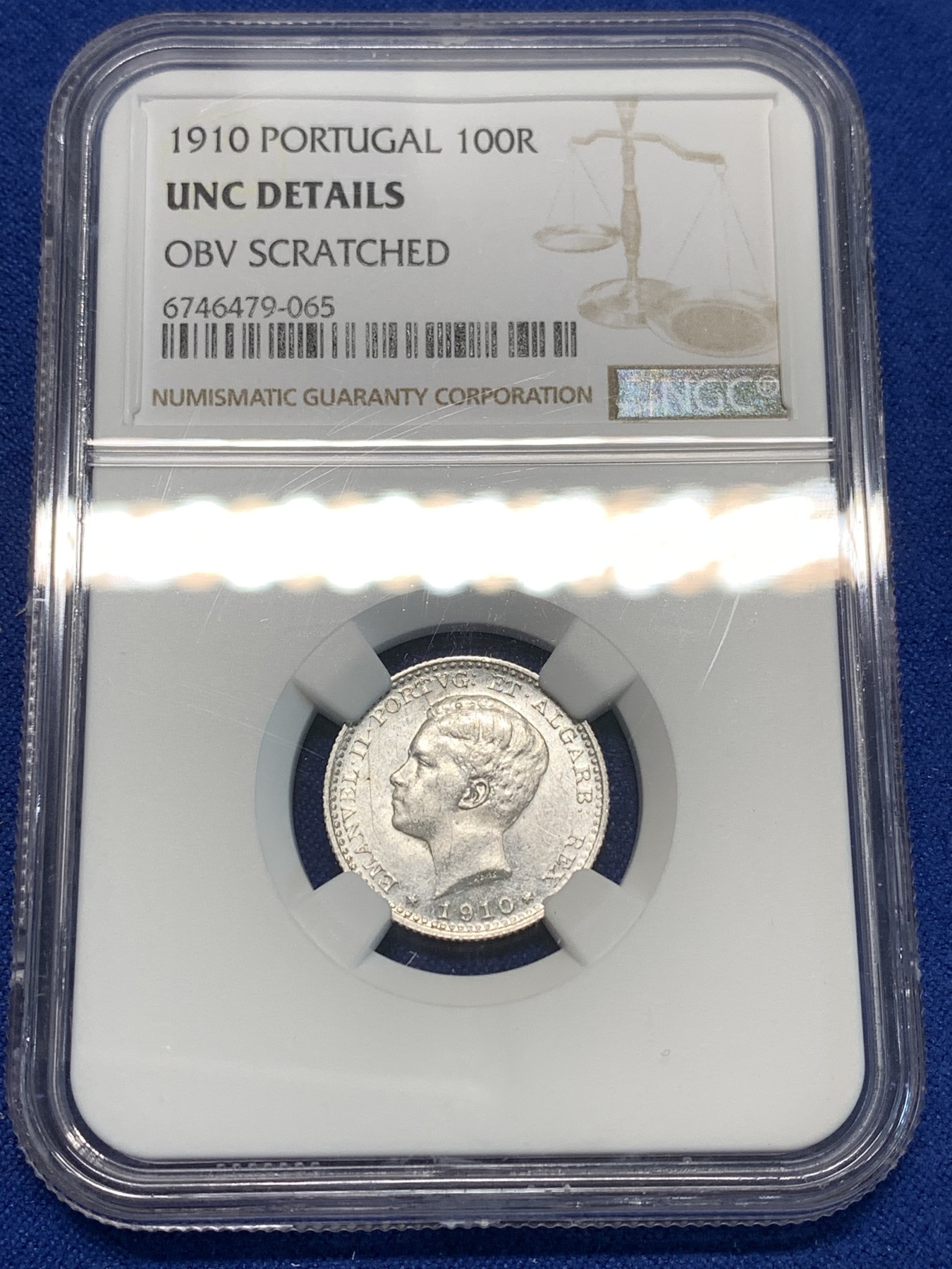 《竞宝斋》第232场-周日，周一 2场 (全场包邮) NGC-UNCD 葡萄牙 1910年 100R瑞斯 银币