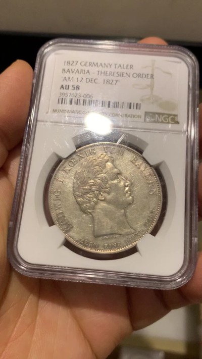 《竞宝斋》第232场-周日，周一 2场 (全场包邮) NGC AU58 德国 1827 巴伐利亚 路德维希一世 特蕾莎勋章创立 泰勒大银币 极少品种