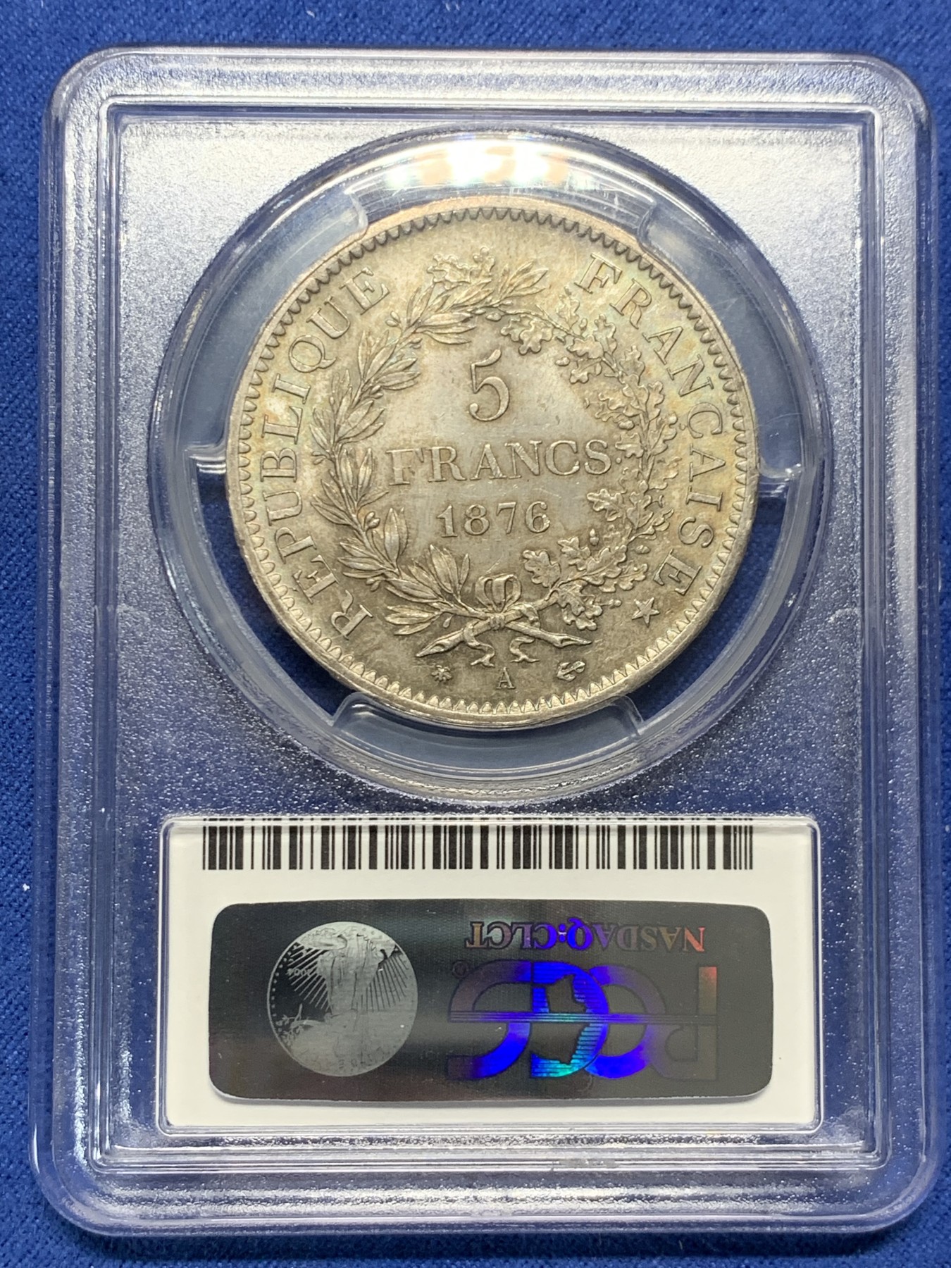 《竞宝斋》第232场-周日，周一 2场 (全场包邮) PCGS MS65 法国1876-A大力神5法郎银币 双面五彩 十字光