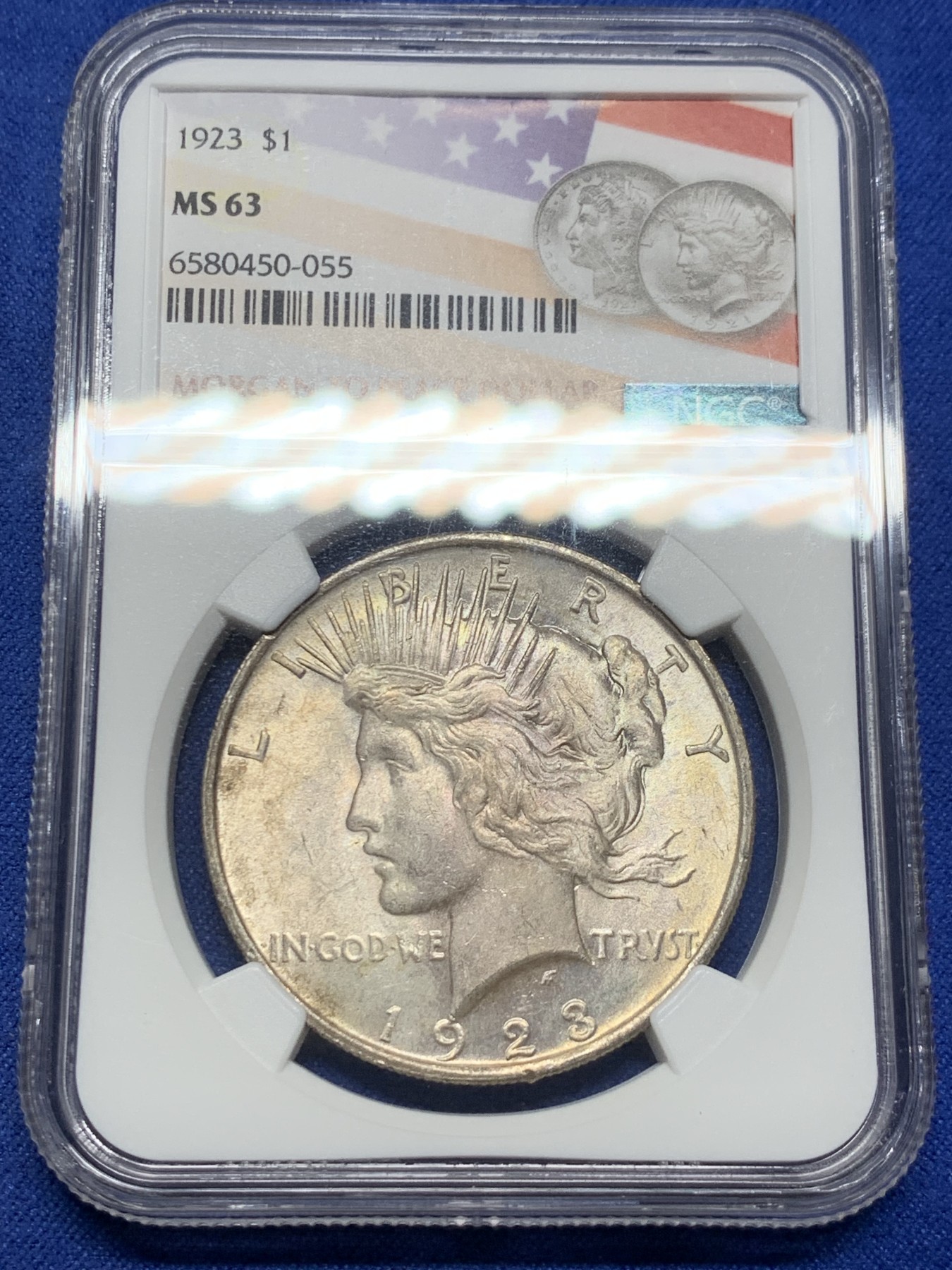 《竞宝斋》第232场-周日，周一 2场 (全场包邮) NGC-MS63 1923年 美国和平银币 淡彩 NGC百年纪念特殊盒子