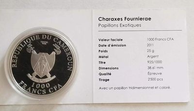 【币将精彩】世界钱币拍卖拍卖（2026-4-28） 喀麦隆2011年“会飞的花朵-蝴蝶”立体彩色银币（参考价350欧元）