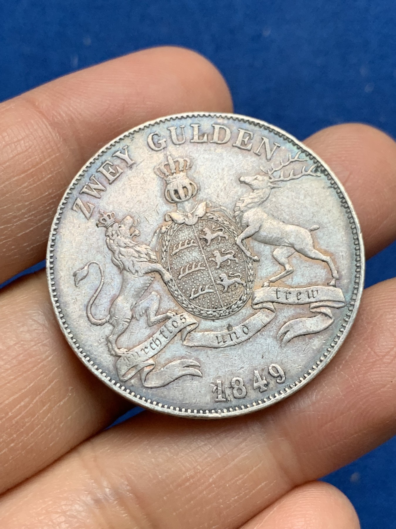 《竞宝斋》第232场-周日，周一 2场 (全场包邮) 德国1849年符腾堡鹿狮1泰勒银币 底板泛着彩光 很不错的品种