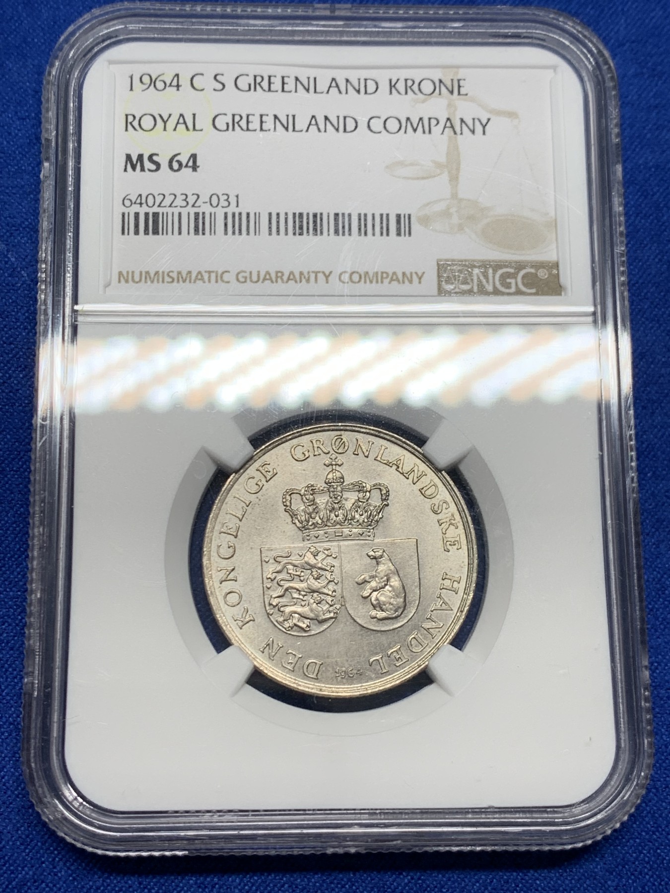 《竞宝斋》第232场-周日，周一 2场 (全场包邮) NGC-MS64 格陵兰1964年1克朗镍币