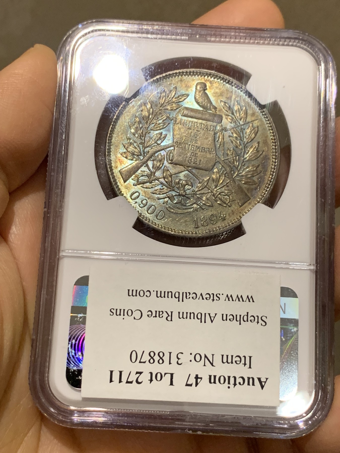 《竞宝斋》第232场-周日，周一 2场 (全场包邮) NGC MS63 危地马拉1894年1比索 绚丽五彩包浆 正反转光 状态难得