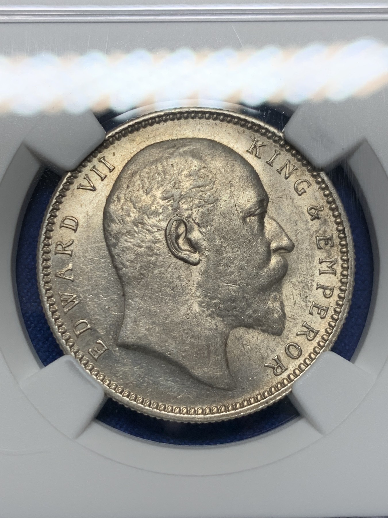 《竞宝斋》第232场-周日，周一 2场 (全场包邮) NGC MS62 1905(C)英属印度爱德华七世1卢比银币 状态不错