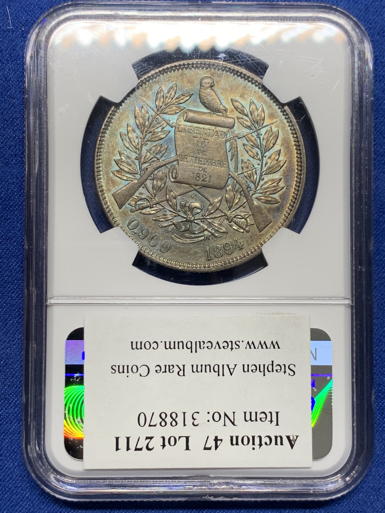 《竞宝斋》第232场-周日，周一 2场 (全场包邮) NGC MS63 危地马拉1894年1比索 绚丽五彩包浆 正反转光 状态难得