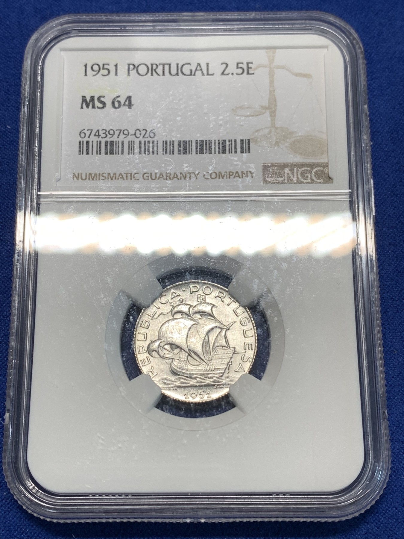 《竞宝斋》第232场-周日，周一 2场 (全场包邮) NGC-MS64 1951年葡萄牙2.5E帆船银币，64分高分