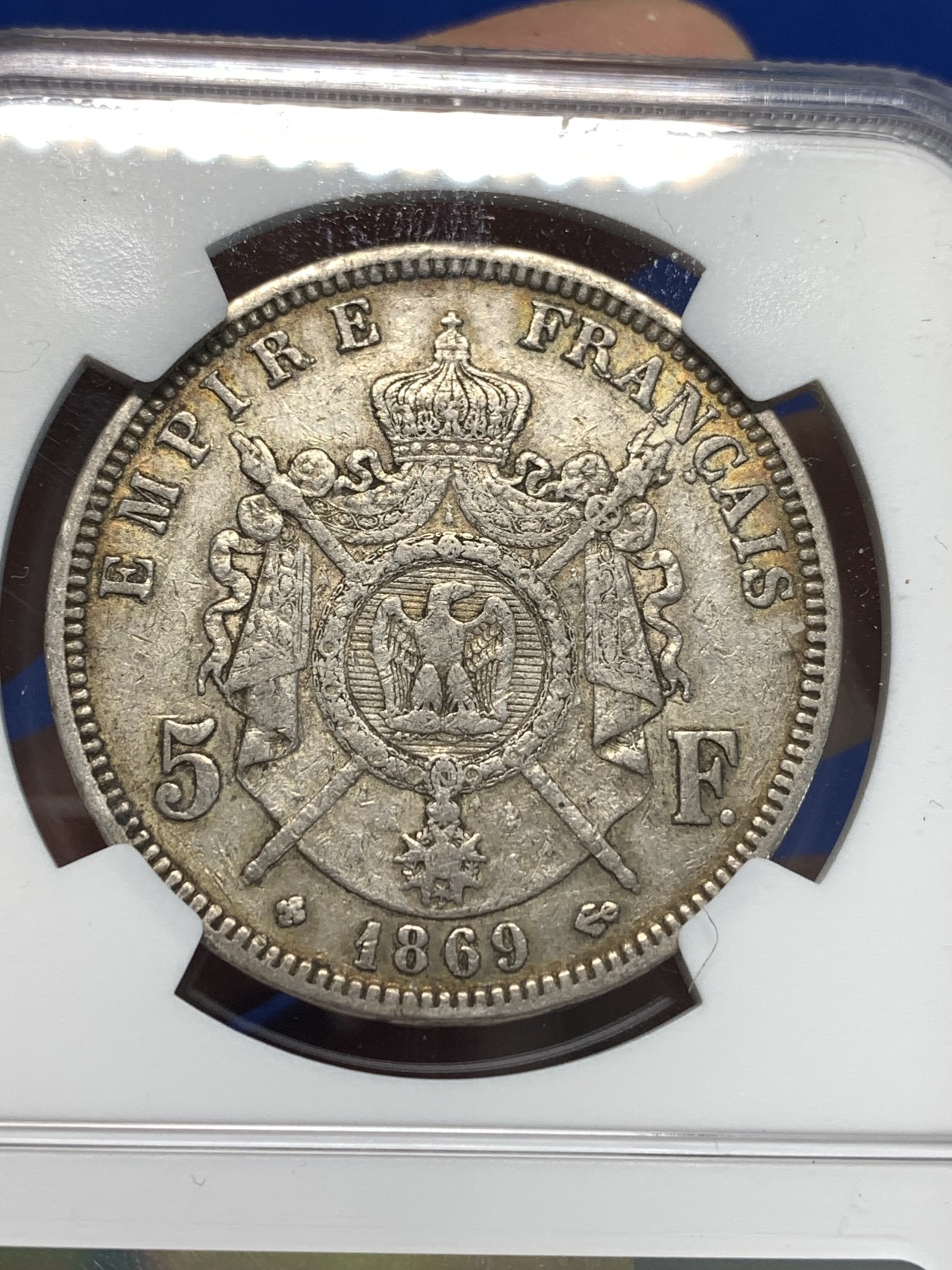 《竞宝斋》第232场-周日，周一 2场 (全场包邮) NGC XF40 法国 1869年BB版拿三5法郎银币