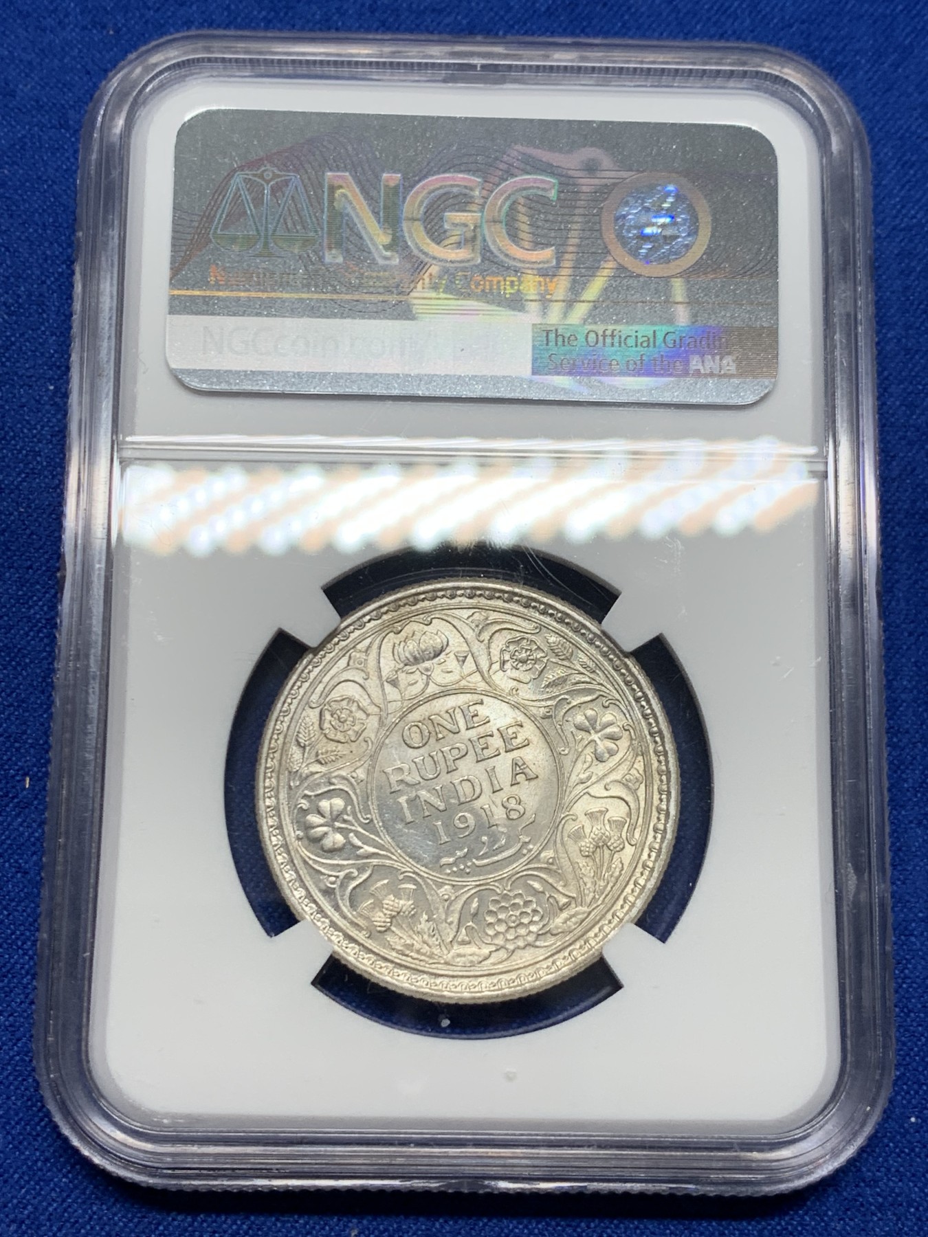 《竞宝斋》第232场-周日，周一 2场 (全场包邮) NGC UNC 印度 1918C 乔治五世 1卢比 银币