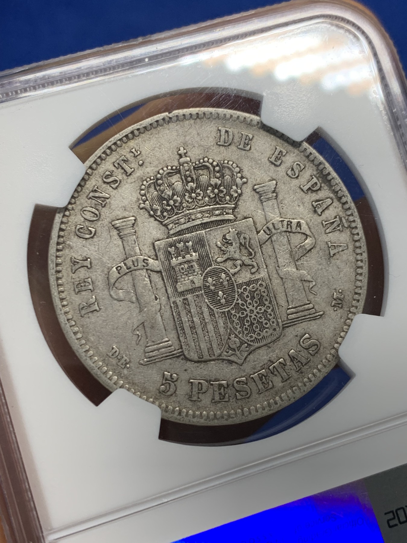 《竞宝斋》第232场-周日，周一 2场 (全场包邮) NGC VF35 西班牙1877年 阿方索十二世 5比塞塔双柱大银币