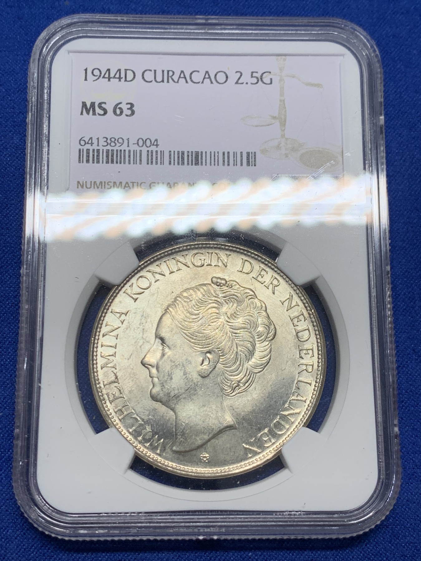 《竞宝斋》第232场-周日，周一 2场 (全场包邮) NGC MS63 荷属库拉索1944D女王威廉明娜2.5盾大银币