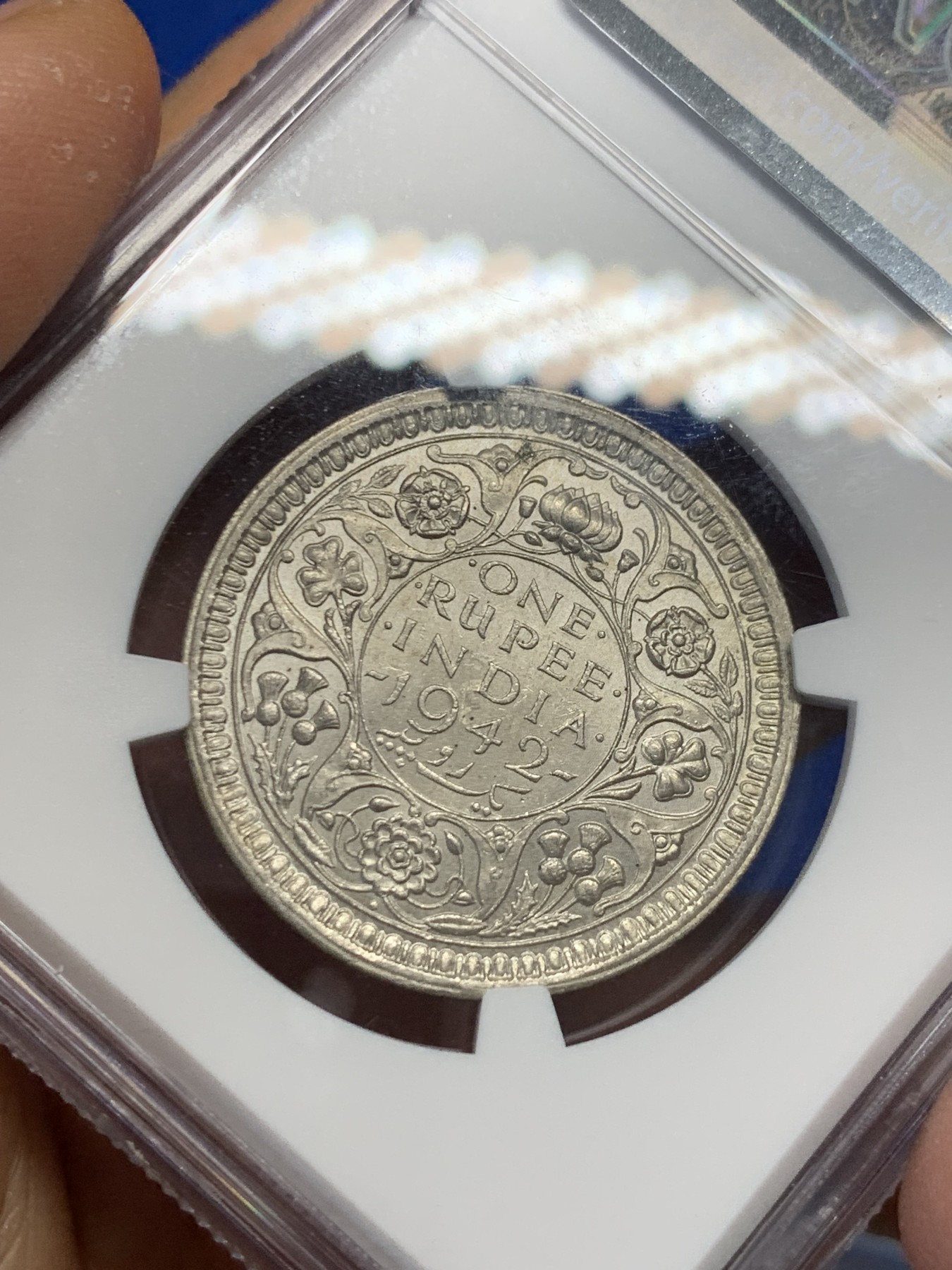 《竞宝斋》第232场-周日，周一 2场 (全场包邮) NGC-MS63 英属印度1942B乔治六世银卢比，霜银转光，花枝细节精美。BU品质，可藏的状态