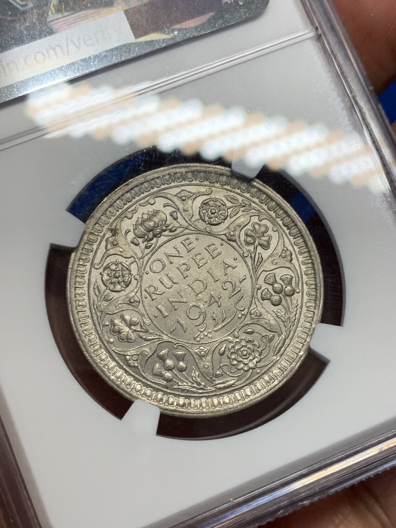 《竞宝斋》第232场-周日，周一 2场 (全场包邮) NGC-MS63 英属印度1942B乔治六世银卢比，霜银转光，花枝细节精美。BU品质，可藏的状态