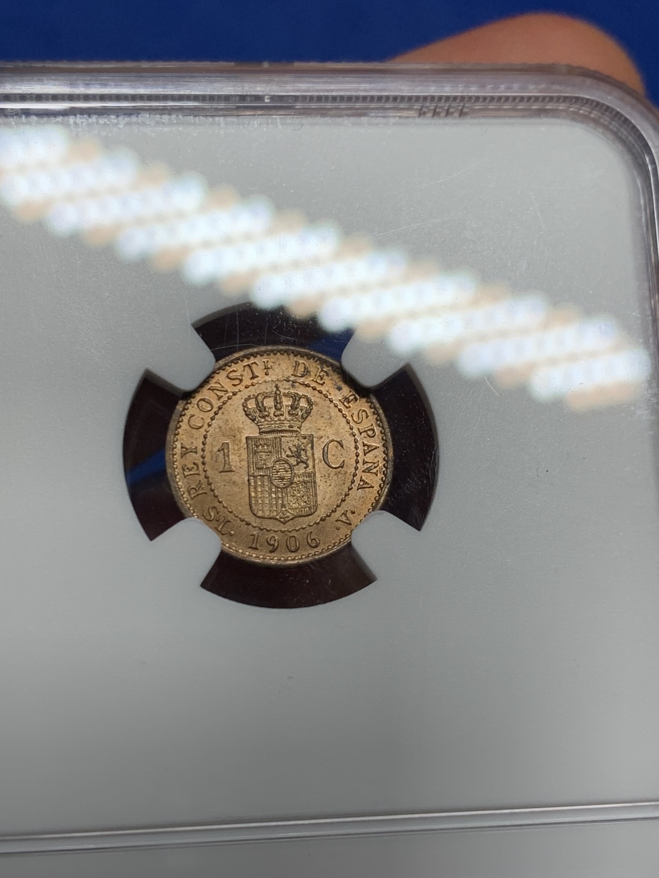 《竞宝斋》第232场-周日，周一 2场 (全场包邮) NGC MS65RB 西班牙1906年阿方索十三世1分原光铜币 高等级分数