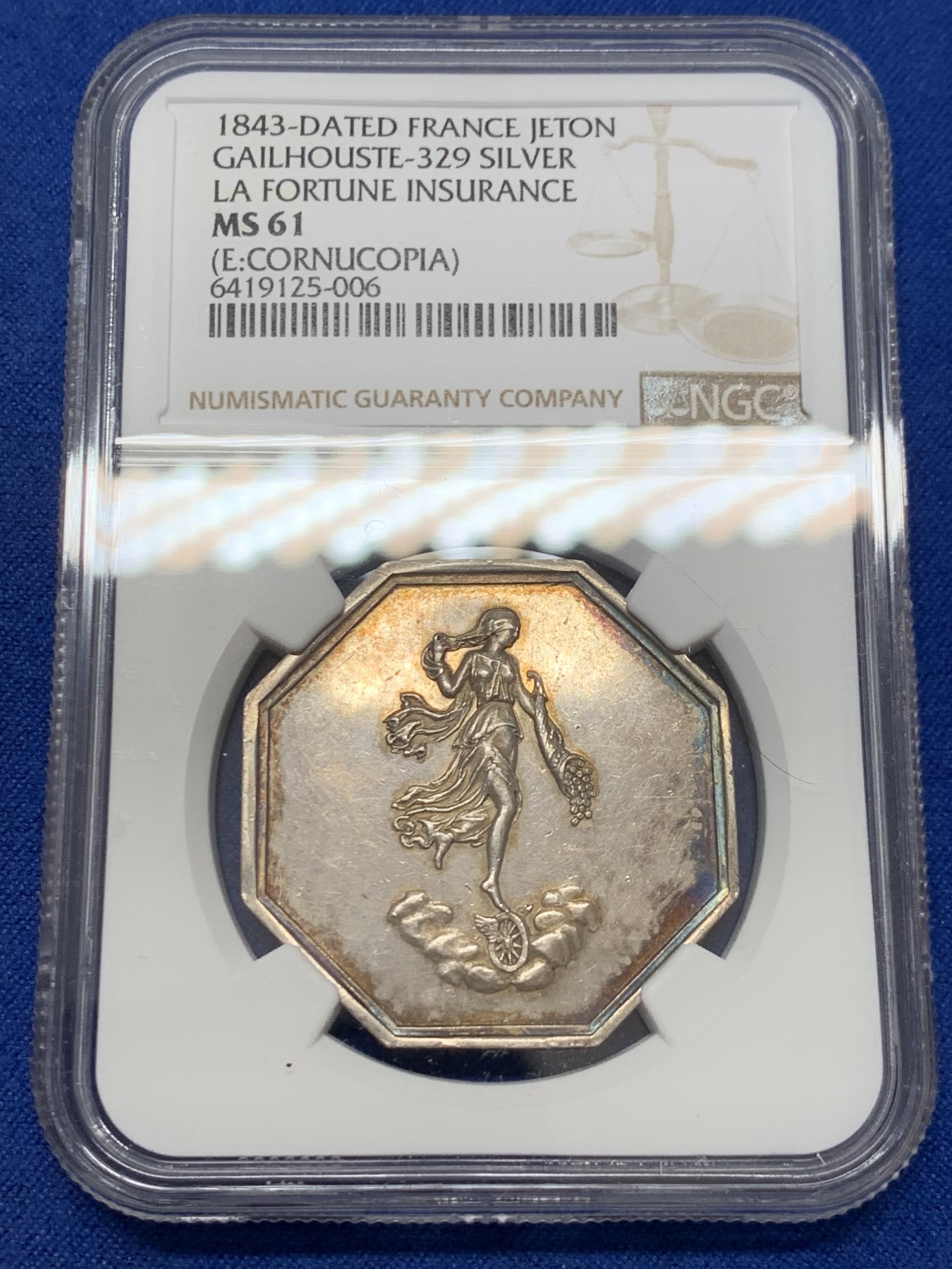 《竞宝斋》第232场-周日，周一 2场 (全场包邮) NGC MS61 法国1843财富保险八角银质代币 轻盈女神踩着独轮车
