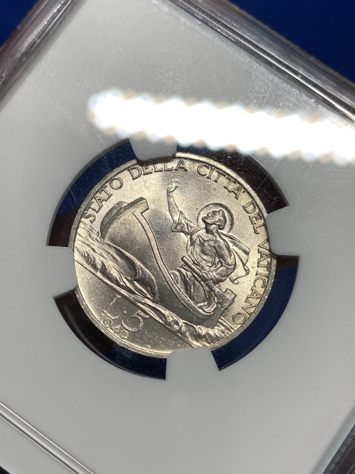 《竞宝斋》第232场-周日，周一 2场 (全场包邮) NGC-MS63 梵蒂冈 1940年 划船 5里拉 银币