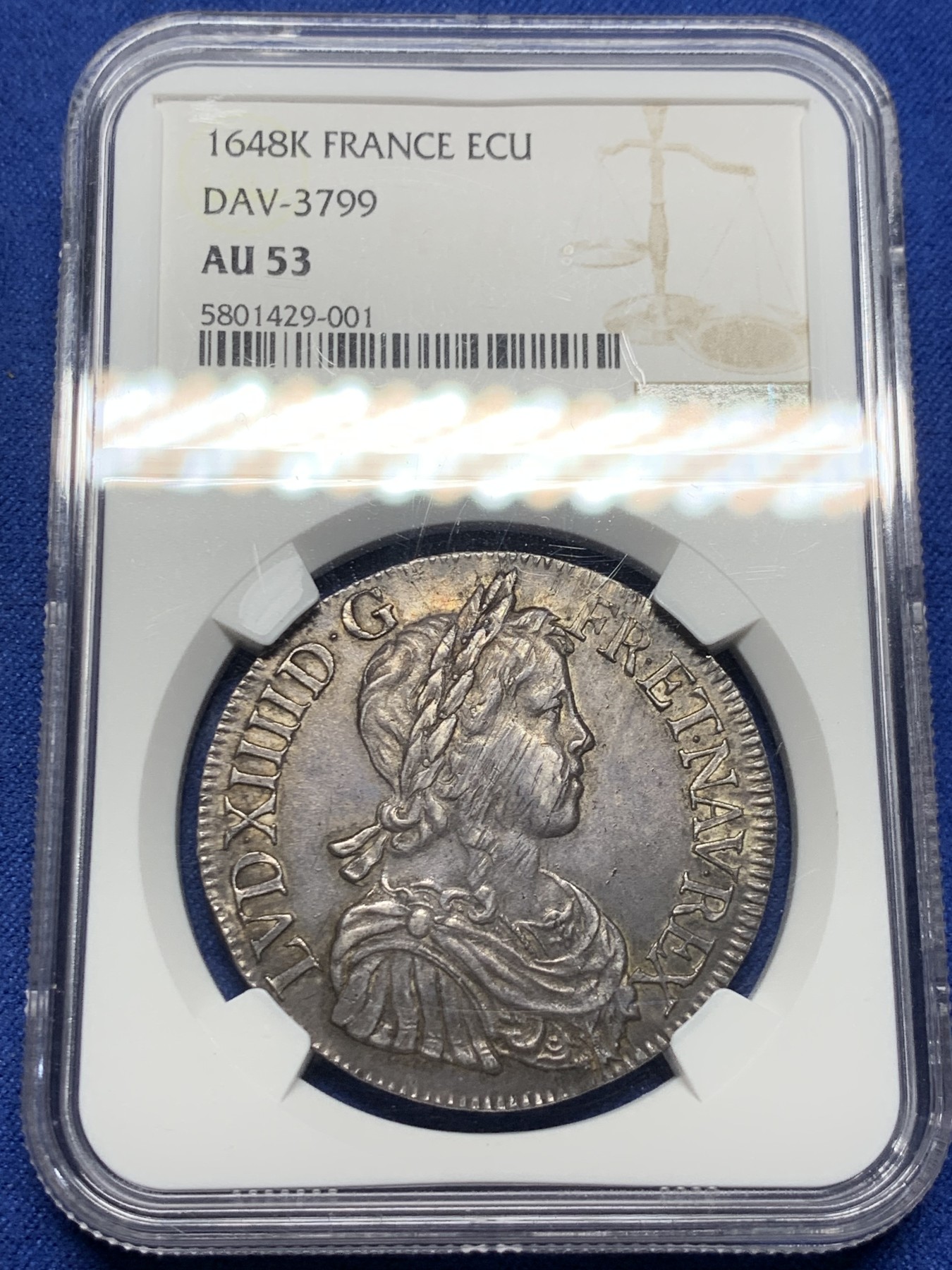 《竞宝斋》第232场-周日，周一 2场 (全场包邮) NGC-AU53 1648K法国路易十四埃居大银，青年太阳王头像大银，年轻的欧陆霸主。欧洲熟美黑彩，味道一流，状态更胜分数！