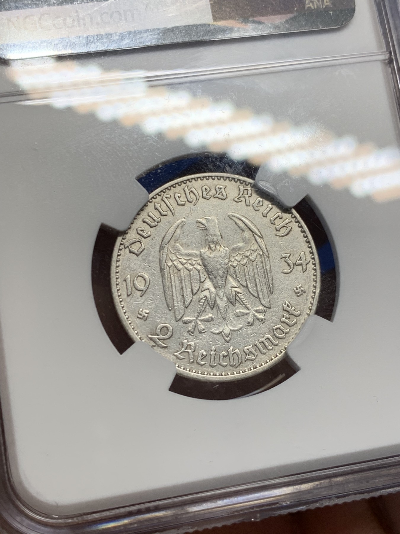 《竞宝斋》第232场-周日，周一 2场 (全场包邮) NGC-XFD 德国1934年 第三帝国J厂教堂带字版2马克银币 稀少