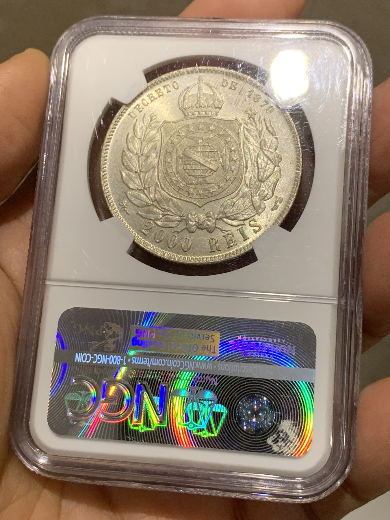 《竞宝斋》第232场-周日，周一 2场 (全场包邮) NGC-MS64 巴西 1888年2000瑞尔 佩德罗二世 大胡子银币 淡黄包浆 MS-64稀有高分一步到位 南美热点品种