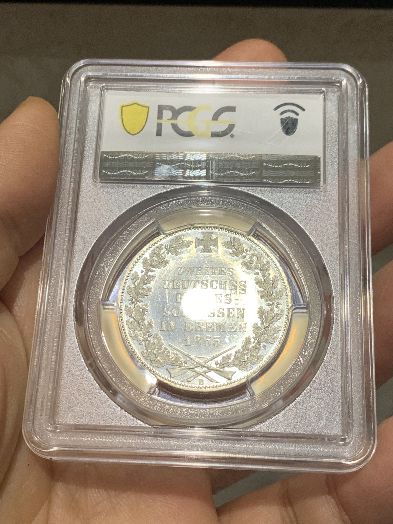 《竞宝斋》第232场-周日，周一 2场 (全场包邮) PCGS MS66PL 德国1865 不来梅自由市射击节泰勒 发行量5万枚，经典的双狮和哥特钥匙徽章，顶级品相，完美镜面状态，p记冠军分