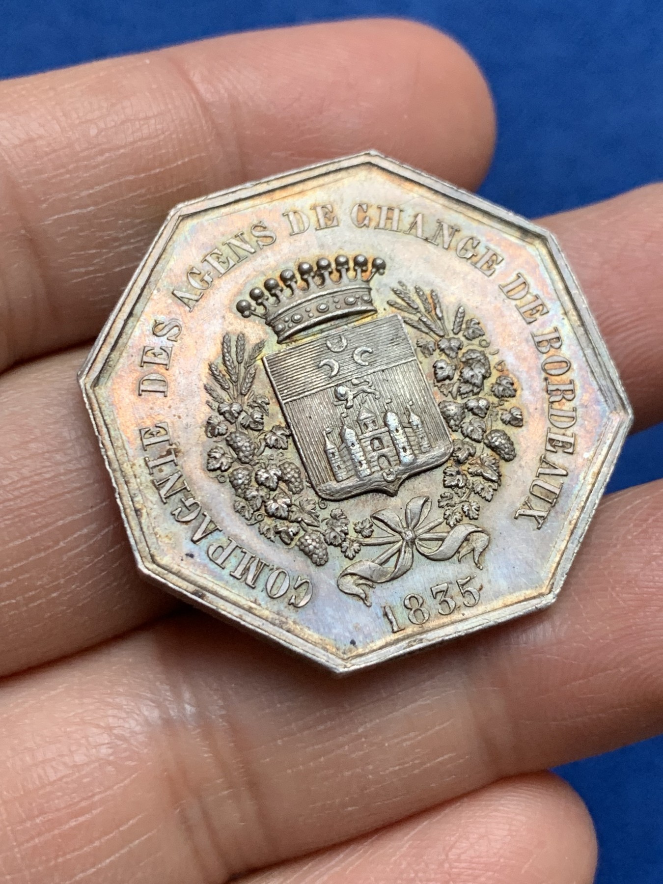 《竞宝斋》第232场-周日，周一 2场 (全场包邮) 法国1860-1879八角银质代币，波尔多证券交易公司，18.7g，37mm，大八角，蜜蜂边铭