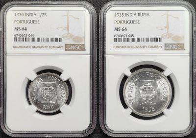 第29期钱币微拍 全场包邮 - 2枚一组 NGC MS64 葡属印度 1936年 1/2卢比银币 & 1935年 1卢比银币
