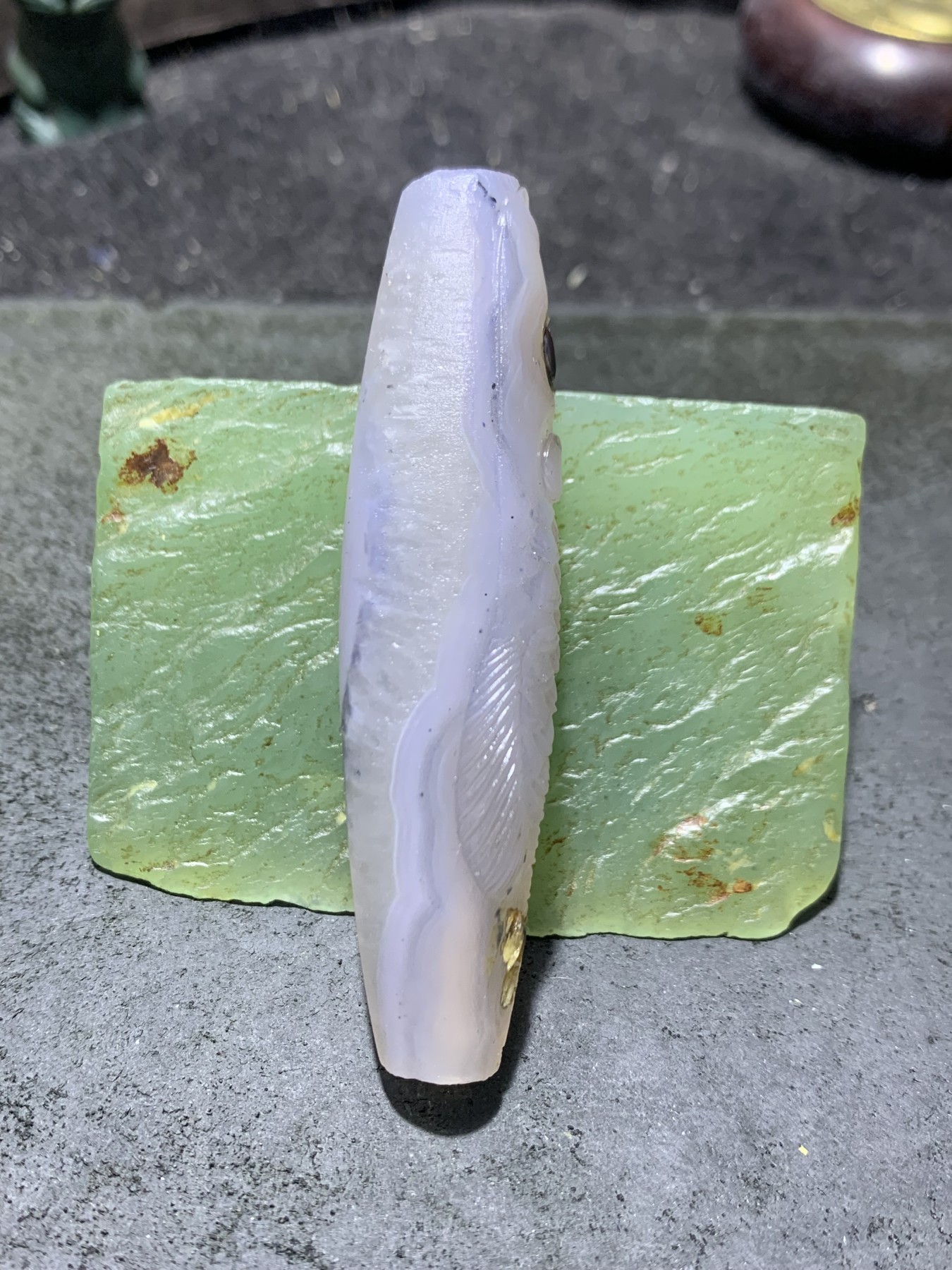 精美亚光高玉化冰飘巴西玛瑙手工俏色巧雕招财龙鱼大桶珠一个！