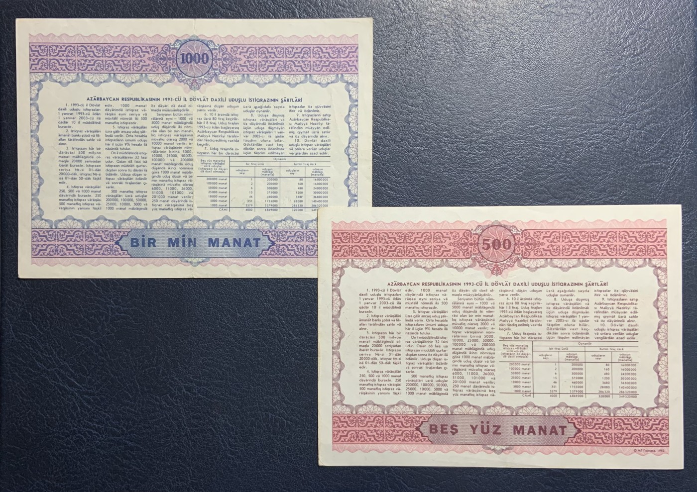 收藏联盟Quantum Auction 第317期拍卖  阿塞拜疆1993年500和1000马纳特国债券 品相AU-