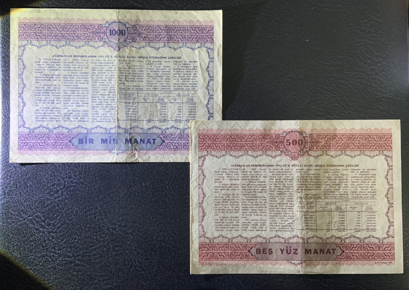 收藏联盟Quantum Auction 第317期拍卖  阿塞拜疆1993年500和1000马纳特国债券 品相AU-